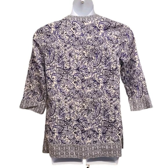 Sigrid Olsen Womens   Blue Patterned Linen Tunic V Neck 3/4 sleeves Lage… - Picture 2 of 6